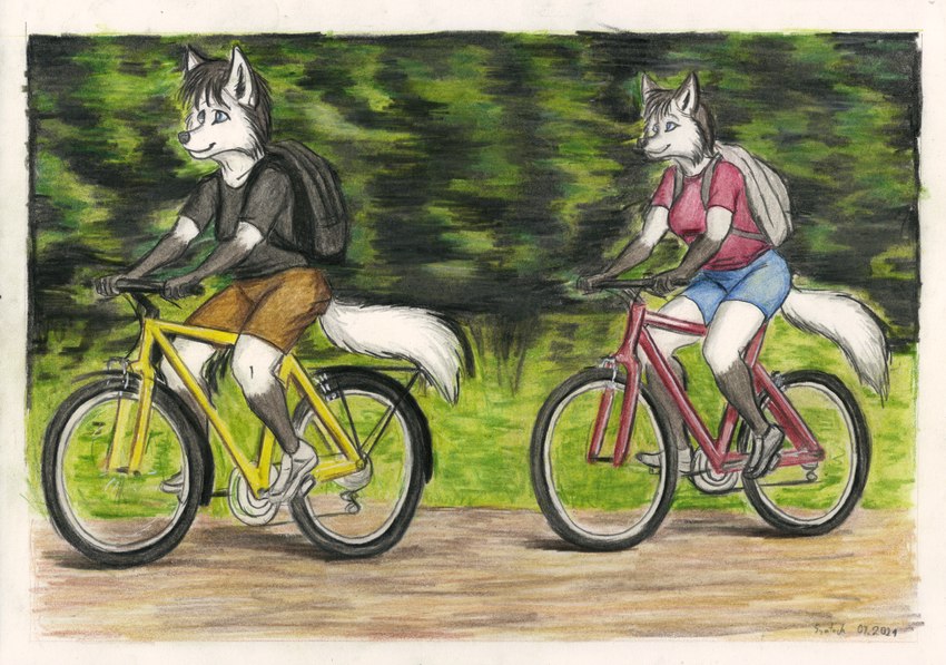 adolescent anthro backpack bicycle bottomwear clothing cycling duo female footwear forest fur male male/female plant shirt shoes shorts t-shirt topwear tree vehicle white_body white_fur young syntech alex_(syntech) maja_(syntech) canid canine fox mammal hi_res story traditional_media_(artwork) adult_(lore) brother_(lore) brother_and_sister_(lore) sibling_(lore) sister_(lore)