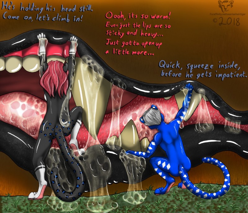 anthro bodily_fluids curious duo_focus extreme_size_difference group lips male male_pred messy nude saliva size_difference slime teeth text tongue vore exiled-tiger aeywon esthela domestic_cat felid feline felis lion mammal pantherine tiger english_text