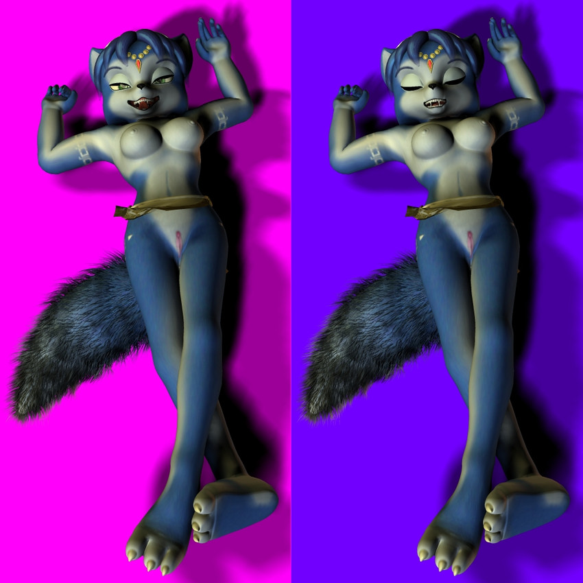 accessory anthro blue_body blue_fur blue_hair bottomwear breasts clothing crossed_legs eyes_closed female fur genitals hair headband legs_together loincloth lying multicolored_body multicolored_fur multicolored_tail nipples on_back open_mouth pussy solo tail teeth white_body white_fur foxweaver nintendo star_fox krystal_(charleyfox) krystal_(star_fox) canid canine fox mammal 1:1 2009 3d_(artwork) digital_media_(artwork)