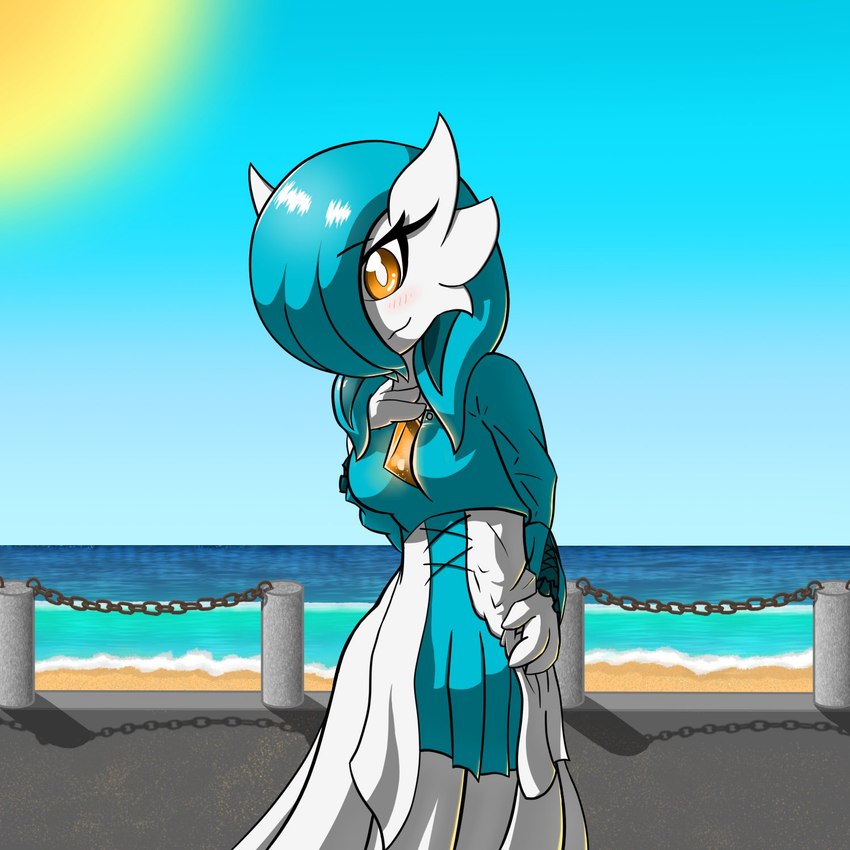 beach blue_hair blush clothed clothing detailed_background eyebrow_through_hair eyebrows female hair looking_at_viewer orange_eyes outside seaside solo sun translucent translucent_hair ghostth39 nintendo pokemon linna_(rilex_lenov) gardevoir generation_3_pokemon pokemon_(species) shiny_pokemon 1:1 2021 hi_res