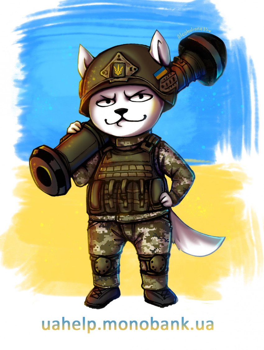 advertisement anthro armor army black_nose boots clothed clothing flag flag_background footwear headgear helmet javelin_(weapon) looking_at_viewer male mascot military military_uniform politics ranged_weapon rocket_launcher shoes soldier solo text tryzub ukraine ukrainian_flag uniform warrior weapon av_malina monobank russo-ukrainian_war qr-cat domestic_cat felid feline felis mammal 2022 digital_media_(artwork) hi_res url