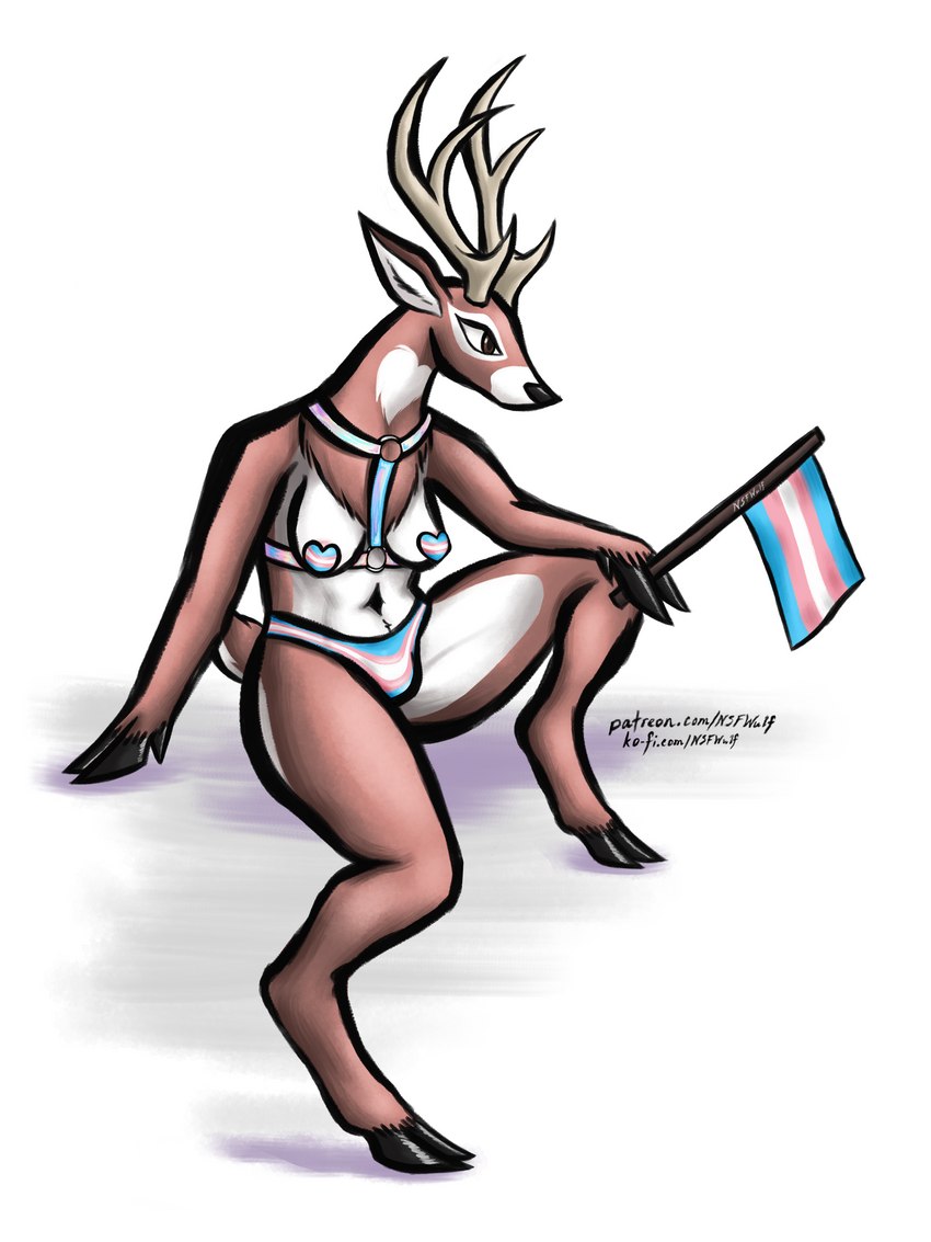 anthro antlers areola areola_slip black_hooves breasts brown_eyes bulge clothing flag flag_(object) fur fur_markings gynomorph harness heart_(marking) heart_pasties heart_symbol holding_flag holding_object hooves horn humor intersex iridescent iridescent_harness lgbt_pride lingerie long_legs markings medium_breasts navel neck_markings pasties pride_color_accessory pride_color_clothing pride_color_flag pride_color_topwear pride_color_underwear pride_colors pun solo text thick_thighs topwear transgender_pride_colors underwear visual_pun nsfwulf ko-fi lgbt_pride_month patreon deer mammal new_world_deer white-tailed_deer 3:4 absurd_res digital_media_(artwork) hi_res shaded url trans_(lore)