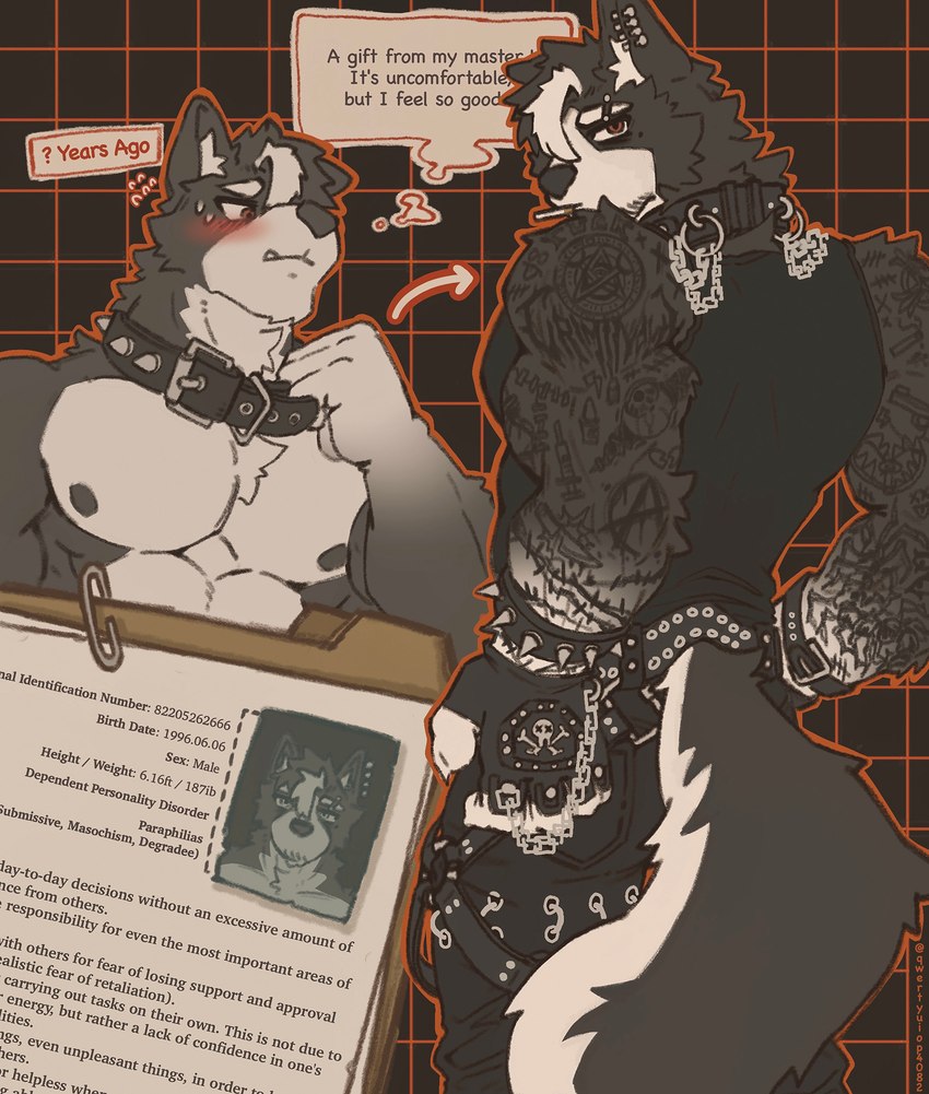 anthro blush bodily_fluids cigarette collar male muscular muscular_male muscular_sub nipples profile solo submissive submissive_male sweat tattoo text qwertyuiop4082 canid canine canis domestic_dog mammal absurd_res english_text hi_res