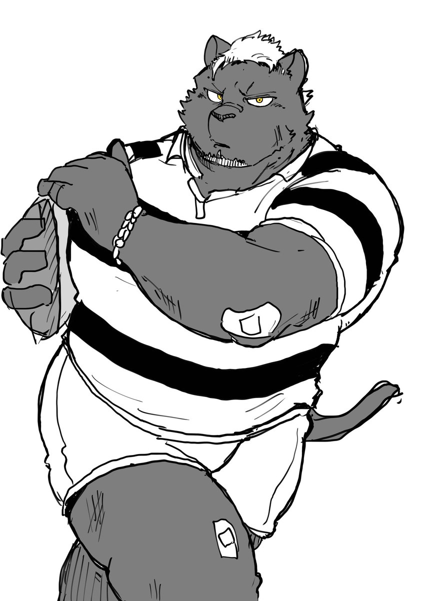 anthro band-aid bandage bottomwear clothing humanoid_hands kemono male overweight overweight_male rugby rugby_ball rugby_uniform shirt shorts simple_background solo topwear aretna felid mammal 2022 hi_res