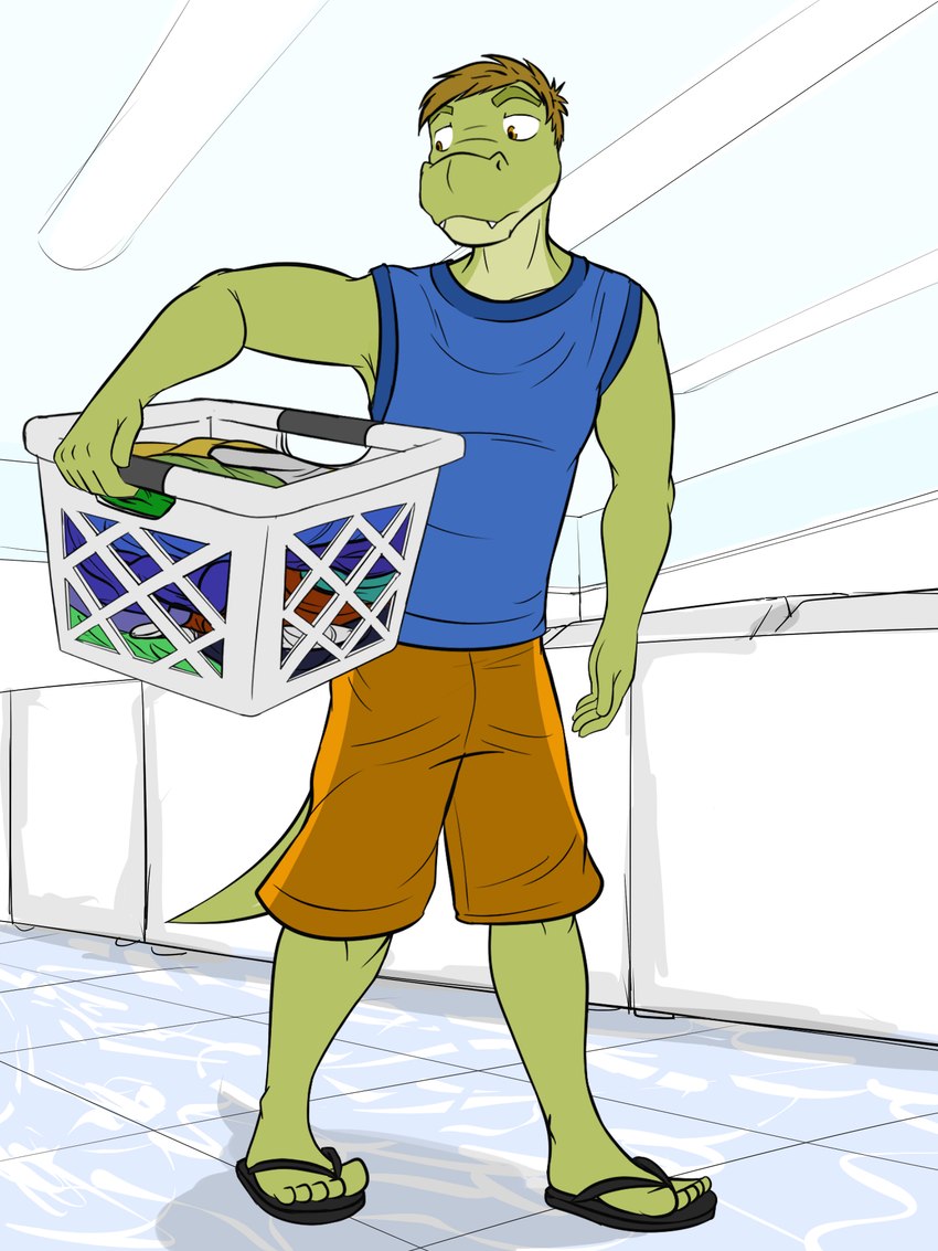 anthro basket bottomwear clothed clothing container flip_flops footwear fully_clothed holding_basket holding_container holding_object laundromat laundry laundry_basket male sandals shirt shoes shorts solo tank_top topwear fuze gabriel_(fuze) alligator alligatorid crocodilian reptile scalie 2017 hi_res