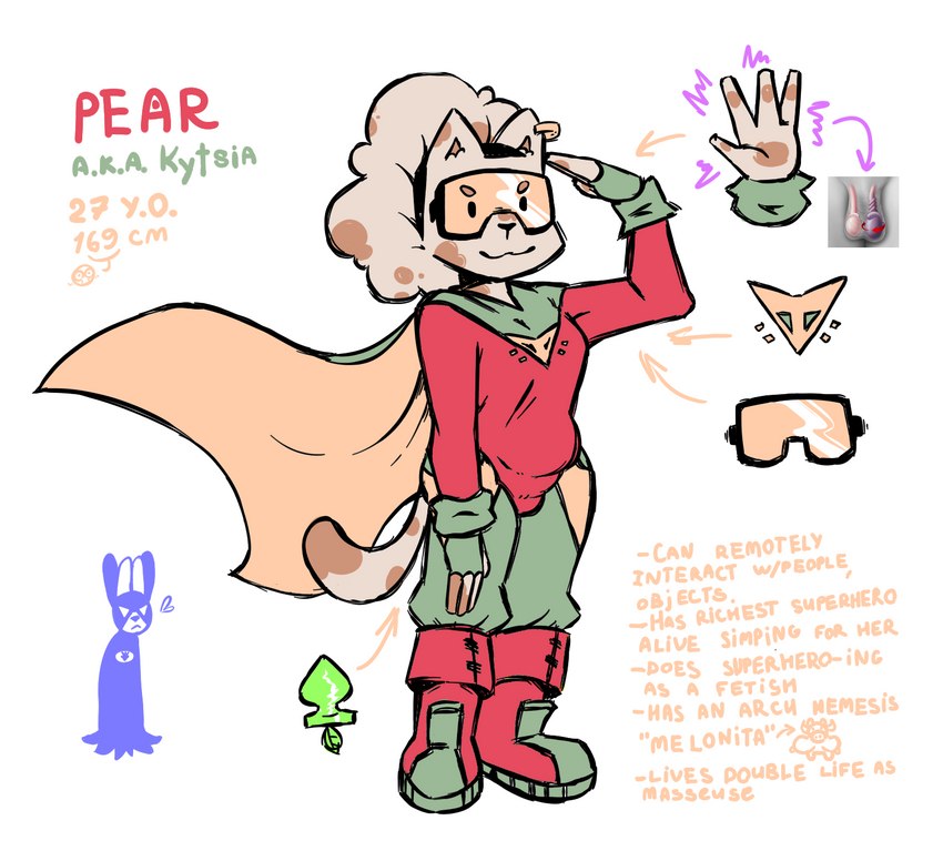 anthro buttplug cape clothing duo ear_piercing ear_ring female parody piercing plug_(sex_toy) ring_piercing sex_toy superhero superpower text mevka_(artist) background_character kytsia_(mevka) domestic_cat felid feline felis mammal english_text hi_res meme model_sheet