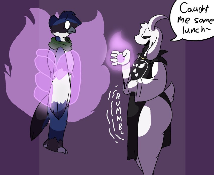 anthro big_butt black_markings black_sclera butt dialogue duo eye_contact femboy floppy_ears fur huge_butt imminent_vore looking_at_another magic magic_user male male/male markings restrained rumbling_stomach speech_bubble text tongue tongue_out white_body white_fur the_hookaloof undertale undertale_(series) asriel_dreemurr_(god_form) moofus_(character) avian bird boss_monster_(undertale) bovid caprine goat hirundinid house_martin mammal martin_(bird) monster oscine passerine english_text