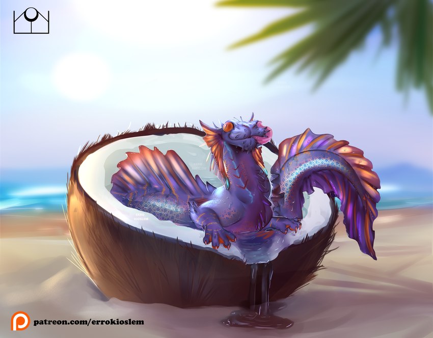 beach blurred_background coconut day drupe_(fruit) female feral food front_view fruit hatching licking outside plant sand scales self_lick solo text tongue tongue_out errokioslem mythology anoroth_(character) dragon mythological_creature mythological_scalie scalie 2024 digital_media_(artwork) hi_res url