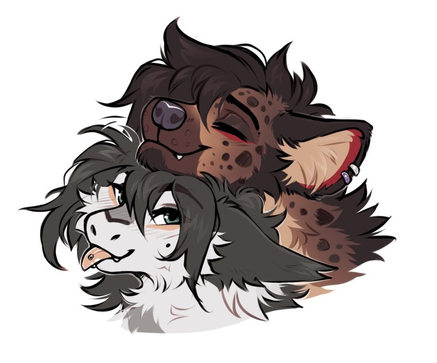 duo eyebrows eyelashes eyes_closed female fur green_eyes male open_mouth simple_background smile teeth tongue white_background f-r95 mythology fryaz_(f-r95) mikksies_(character) dragon furred_dragon furred_scalie hyena mammal mythological_creature mythological_scalie scalie spotted_hyena 2022 digital_media_(artwork)