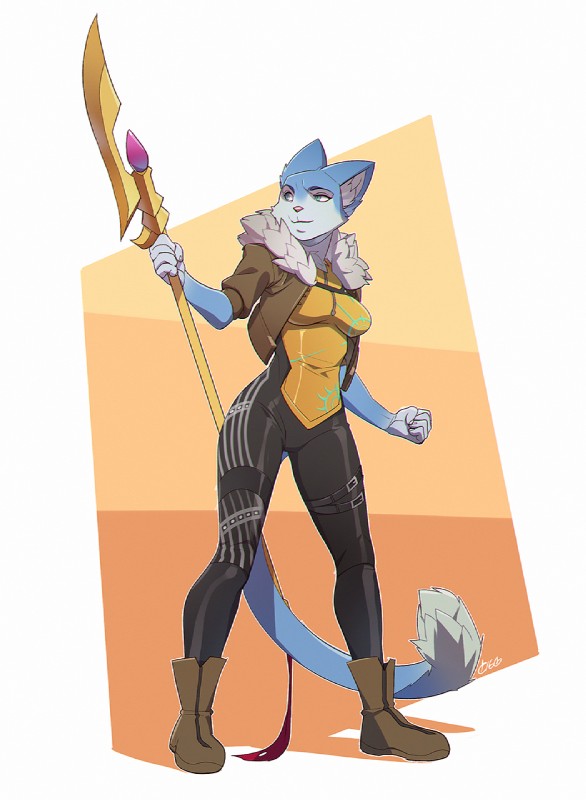 5_fingers anthro blue_body blue_eyes blue_fur breasts clothed clothing female fingers fur holding_object holding_weapon simple_background solo standing tail weapon white_background wide_hips patto syria_(tid) domestic_cat felid feline felis mammal hi_res