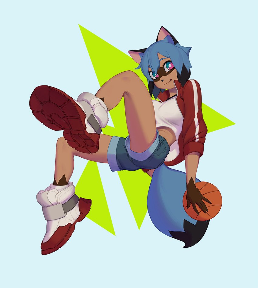 anthro ball basketball_(ball) black_nose blue_hair bottomwear brown_body clothing female footwear hair looking_at_viewer shirt shoes shorts simple_background smile solo topwear botak brand_new_animal studio_trigger michiru_kagemori canid canine mammal raccoon_dog tanuki 2021 hi_res