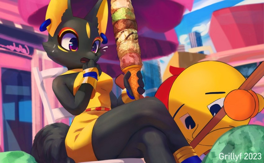 4_fingers black_body black_fur chair crossed_legs dessert ears_up female fingers food fur furniture furry_tail hand_on_mouth ice_cream impressed on_chair sad sitting sitting_on_chair tail grillyf bandai_namco pac-man_(series) pac-man_party pac-man patra canid canine fennec_fox fox humanoid mammal true_fox hi_res