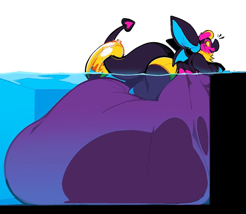 anthro belly belly_focus belly_overhang big_belly clothing huge_belly hyper hyper_belly in_pool lying male on_front overweight pool pool_float pool_toy poolside side_view solo swimwear tail thick_tail thick_thighs boot_(artist) boot_(character) bat bovid caprine goat mammal 2023 colored digital_media_(artwork)