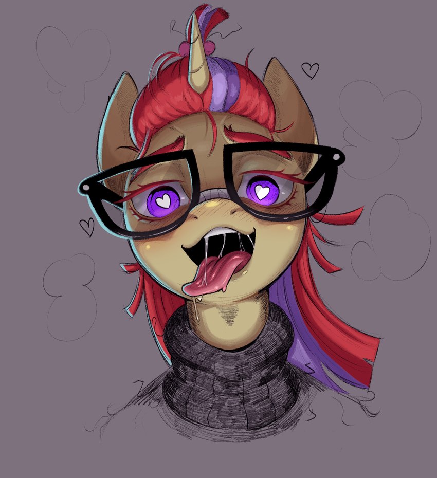 ambiguous_form bodily_fluids clothed clothing eyebrows eyewear female glasses grey_background hair horn long_hair multicolored_hair open_mouth purple_eyes purple_hair red_hair saliva simple_background solo sweater tan_body teeth tongue tongue_out topwear turtleneck unicorn_horn dominismortis friendship_is_magic hasbro my_little_pony mythology moondancer_(mlp) equid equine mammal mythological_creature mythological_equine unicorn bust_portrait hi_res portrait