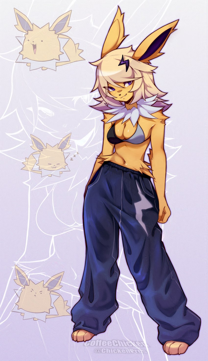 anthro anthrofied barefoot blonde_hair bottomwear bra breasts clothed clothing feet female fingers hair looking_at_viewer medium_breasts navel neck_tuft pants pokemorph purple_eyes solo toes tuft underwear zoom_layer coffeechicken nintendo pokemon eeveelution generation_1_pokemon jolteon pokemon_(species) 2024 artist_name digital_media_(artwork) hi_res