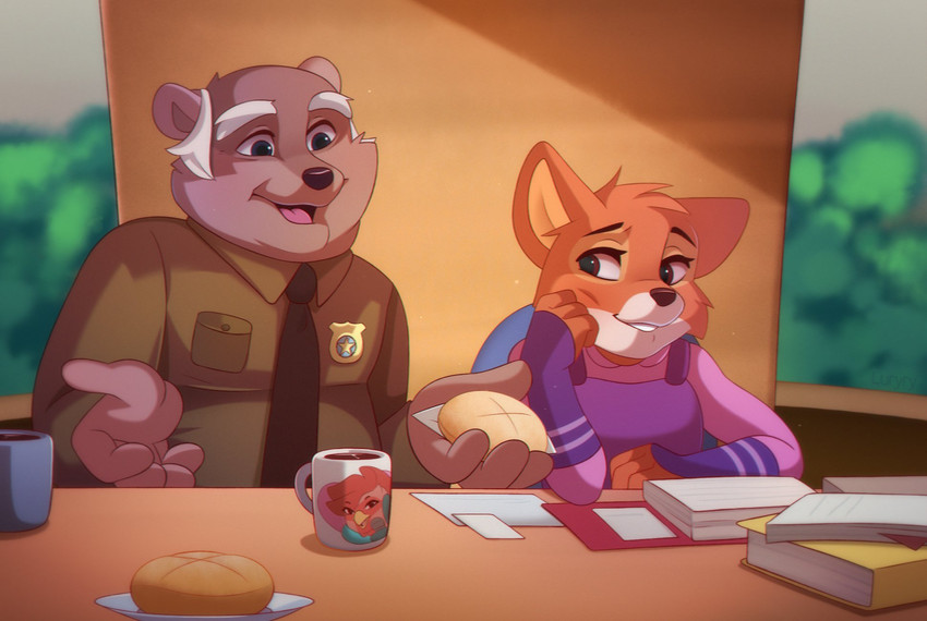 anthro arm_support beverage book bread_roll brown_body brown_fur chair cheek_tuft clothed clothing coffee coffee_mug duo facial_tuft female food fur furniture head_tuft holding_food holding_object leaning_on_elbow light male necktie orange_body orange_fur police police_badge police_uniform shirt sitting topwear tuft uniform white_body white_fur luryry disney robin_hood_(disney) friar_tuck maid_marian badger canid canine fox mammal mustelid musteline red_fox true_fox 2020 crossover digital_media_(artwork) hi_res lighting shaded