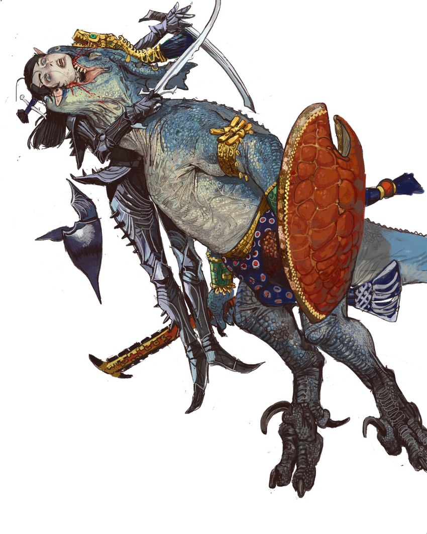 ambiguous_gender anthro armband armor biped biting_head blood blue_eyes bodily_fluids bottomwear claws clothing duo finger_claws gore headgear jewelry loincloth melee_weapon shield simple_background sword weapon white_background mossa warhammer_(franchise) warhammer_40000 warhammer_fantasy dark_elf elf lizardman lizardman_(warhammer) saurus scalie 2024 absurd_res digital_media_(artwork) hi_res