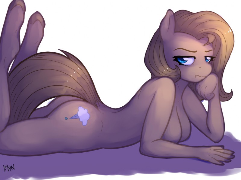 annoyed anthro anthrofied bent_legs blue_eyes breasts butt calves_up female fur hair looking_back lying nude on_front pose pouting raised_calf side_boob simple_background solo tan_body tan_fur tan_hair unimpressed white_background badenov hasbro my_little_pony backy_(mlp) fan_character earth_pony equid equine horse mammal pony