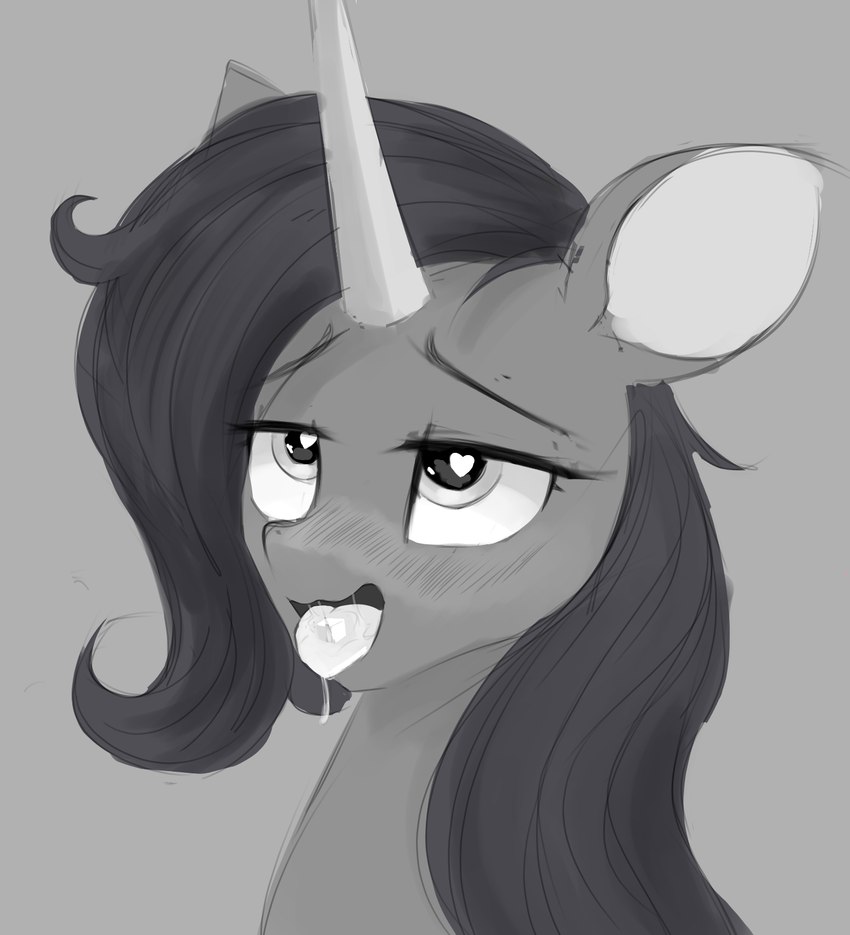 ahegao bodily_fluids dripping drooling eyebrows eyelashes female feral hair heart_eyes heart_symbol horn looking_pleasured open_mouth saliva saliva_drip saliva_on_tongue salt_cube solo sugar tongue tongue_out some_ponu mythology them's_fightin'_herds oleander_(tfh) equid equine mammal mythological_creature mythological_equine unicorn 2020 bust_portrait digital_drawing_(artwork) digital_media_(artwork) greyscale hi_res monochrome portrait