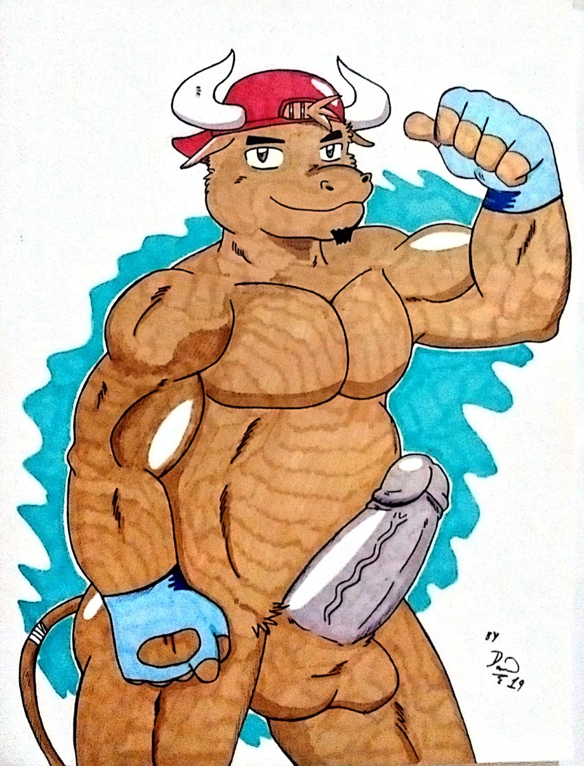 anthro balls barazoku belly clothing flexing flexing_bicep genitals hat headgear headwear horn male markers musclegut muscular pecs penis solo dashthefox bovid bovine cattle mammal absurd_res hi_res traditional_media_(artwork)