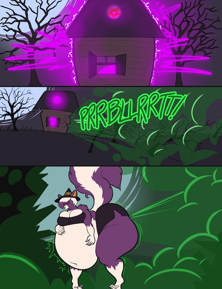 anthro belly big_belly big_breasts big_butt bottomwear breasts building building_destruction butt clothed clothing destruction eye_through_hair fangs fart fart_cloud female fur glowing green_eyes hair hat headgear headwear holidays house huge_belly huge_butt hyper hyper_belly magic magic_user miniskirt night partially_clothed purple_body purple_fur rumbling_stomach skirt solo teeth text topwear translucent translucent_hair witch_costume witch_hat witchcraft bluepants halloween nintendo pokemon shuuki_(coaster14) generation_4_pokemon pokemon_(species) skuntank 2022 absurd_res comic digital_drawing_(artwork) digital_media_(artwork) hi_res sequence smaller_version_at_source