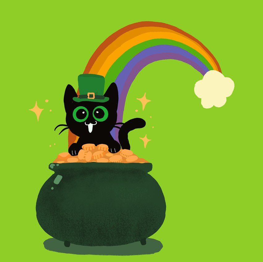 :3 ambiguous_gender black_body black_fur clothing cloud coin feral fur green_eyes hat headgear headwear holidays open_mouth paws rainbow solo tail whiskers shanhorandraws little_kitty_big_city st._patrick's_day little_kitty_(lkbc) leprechaun absurd_res hi_res official_art