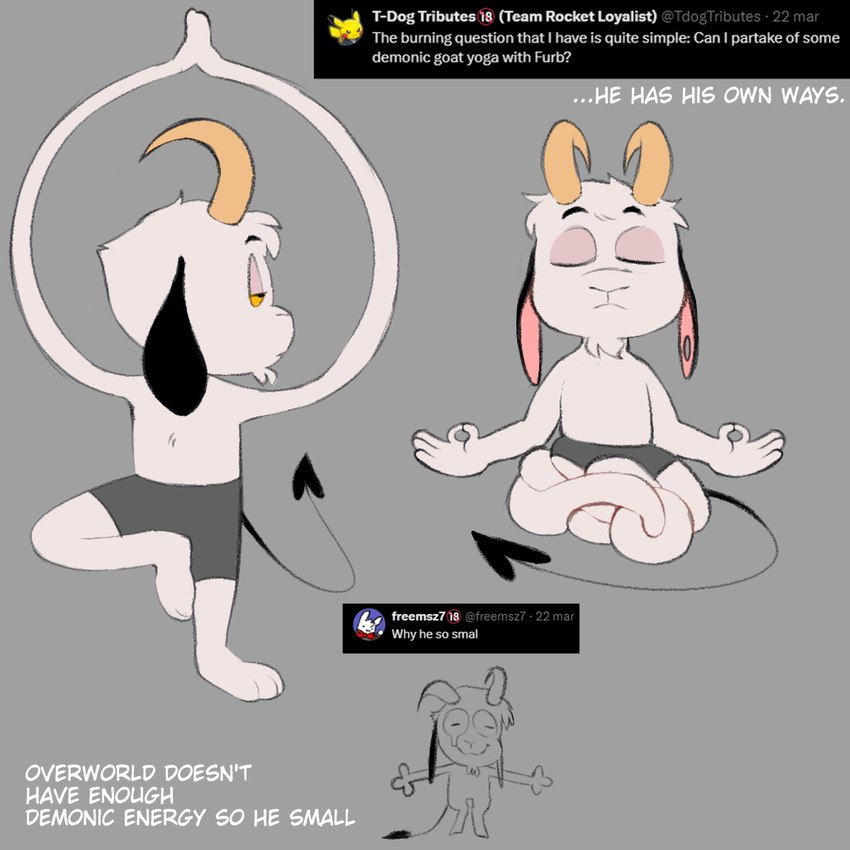 anthro bottomwear clothing crossed_legs fur male pants q&a shorts solo text white_body white_fur yoga_pants twistedfurby furby_(twistedfurby) bovid caprine caprine_demon demon goat goat_demon mammal 1:1 2024 english_text hi_res