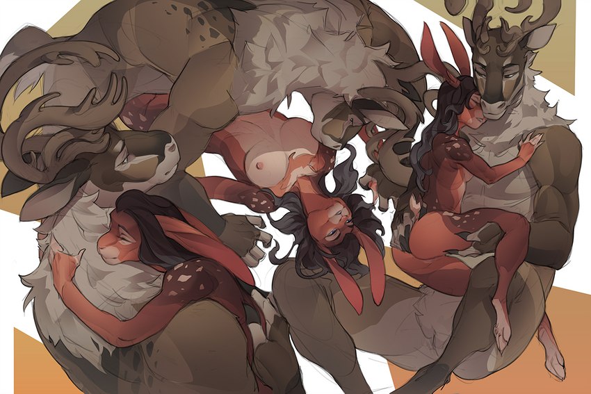 5_fingers anthro antlers areola breasts duo featureless_crotch feet female fingers horn hug male male/female nipples nude toes okithau deer lagomorph leporid mammal new_world_deer rabbit reindeer 2021 3:2 digital_media_(artwork)