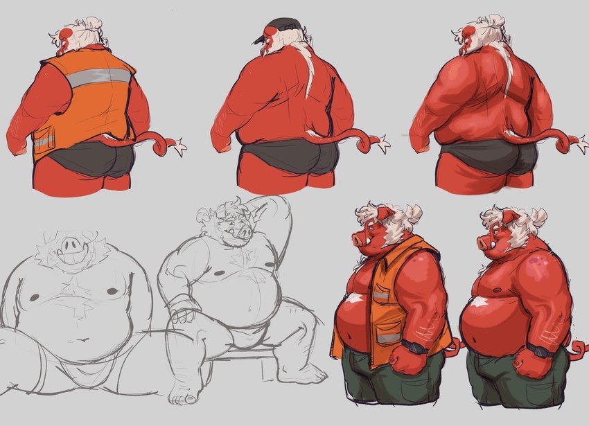 anthro belly black_baseball_cap black_clothing black_underwear bulge butt clothed clothing fur hair hair_bun high-vis male moobs open_clothing open_topwear open_vest overweight overweight_male red_body safety_vest sitting solo spread_legs spreading topwear tusks underwear vest white_body white_fur said_the_saisio saisio mammal suid suine sus_(pig) wild_boar 2023 colored_sketch hi_res model_sheet multiple_images sketch