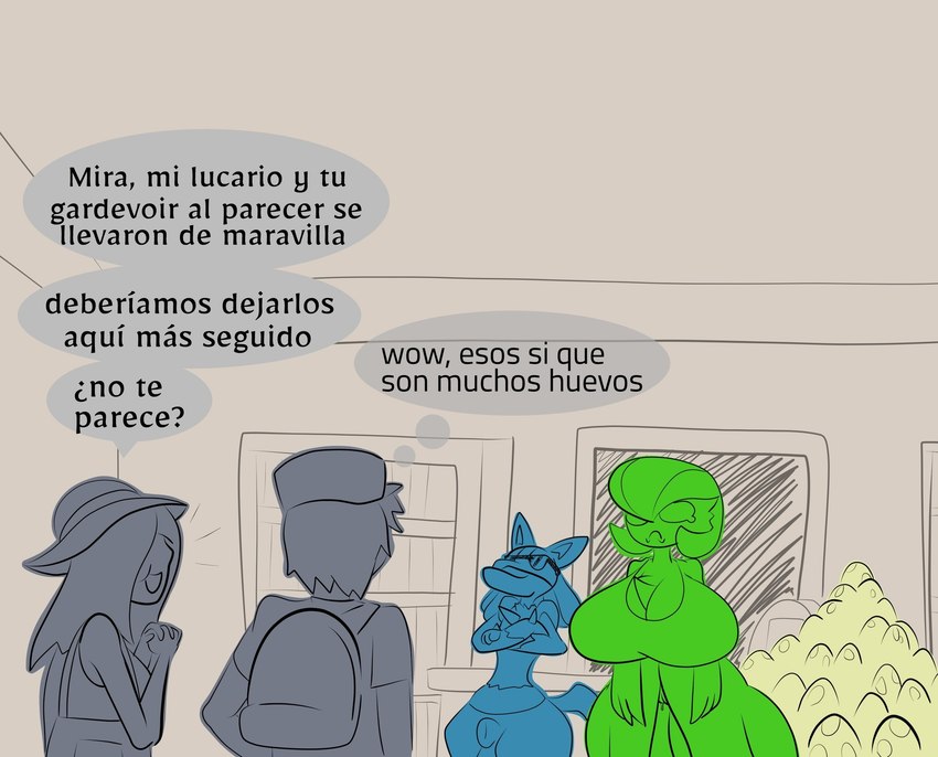 anthro balls big_breasts breasts egg eyewear female genitals group male penis pussy sad speech_bubble sunglasses tail text thought_bubble kuge nintendo pokemon pokemon_trainer gardevoir generation_3_pokemon generation_4_pokemon human lucario mammal pokemon_(species) hi_res spanish_text translated