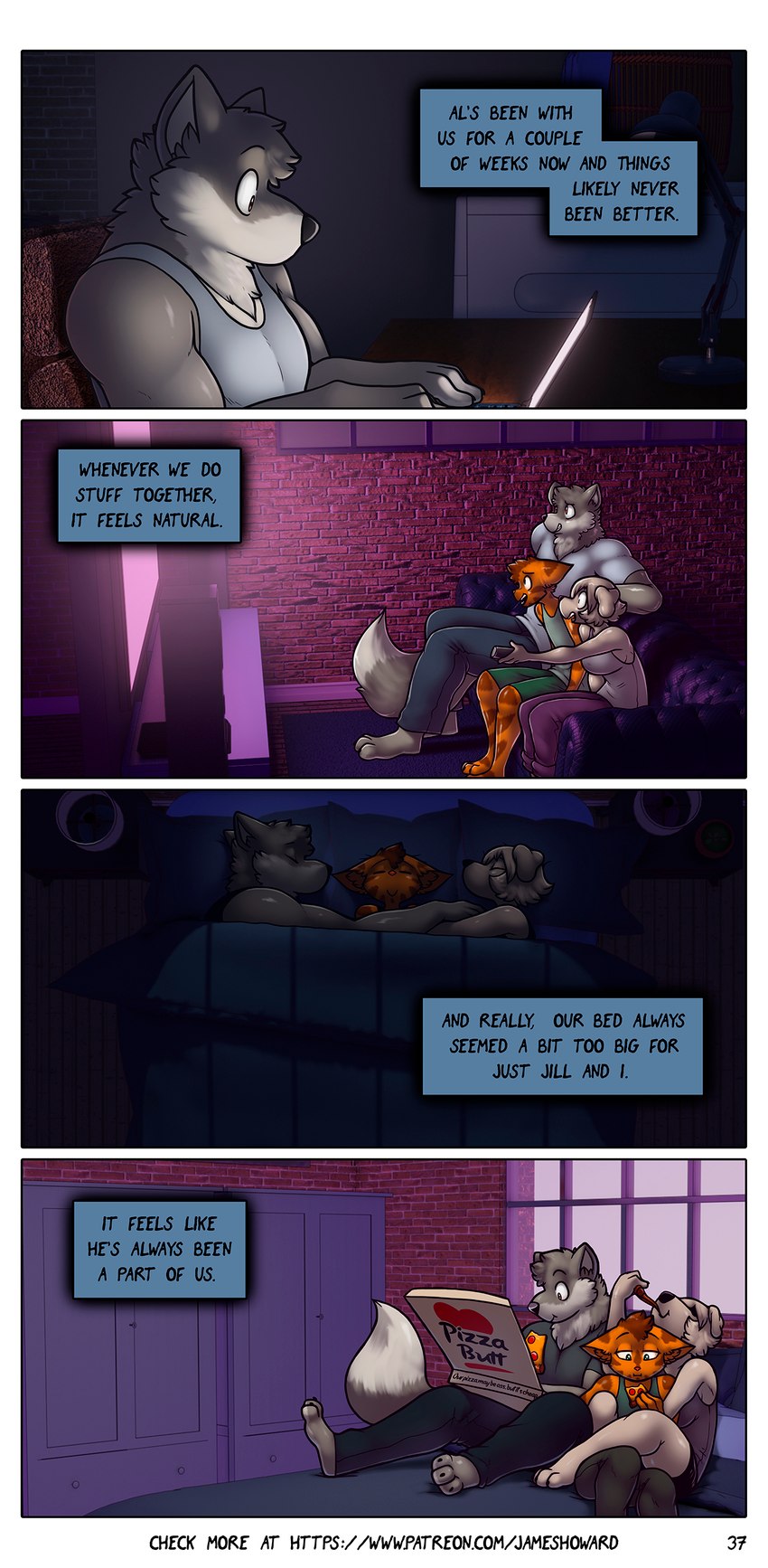 anthro bisexual dialogue female food group male male/female male/male pizza sleeping text throuple trio watching_television james_howard patreon alphonse_(james_howard) jill_(james_howard) richard_(james_howard) canid canine canis domestic_cat domestic_dog felid feline felis mammal wolf absurd_res comic english_text hi_res url