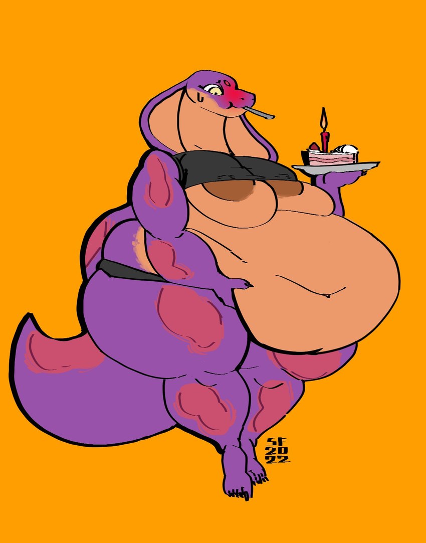 anthro areola birthday_cake blush bodily_fluids bra breasts cake candle clothing countershading dessert female food holding_belly holding_food holding_object holding_plate huge_hips nipples non-mammal_breasts non-mammal_nipples obese obese_female object_in_mouth overweight overweight_female plate purple_body purple_scales scales simple_background snake_hood solo standing sweat sweatdrop under_boob underwear wide_hips yellow_eyes stickface keeshee lamarian reptile scalie snake hi_res