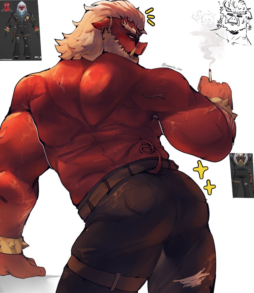 anthro beard bottomwear butt cigarette clothing facial_hair hair male muscular muscular_anthro muscular_male pants red_body simple_background tail tusks white_background makota_toh mihoyo zenless_zone_zero big_daddy_(zenless_zone_zero) mammal suid suina sus_(pig) wild_boar absurd_res digital_drawing_(artwork) digital_media_(artwork) hi_res