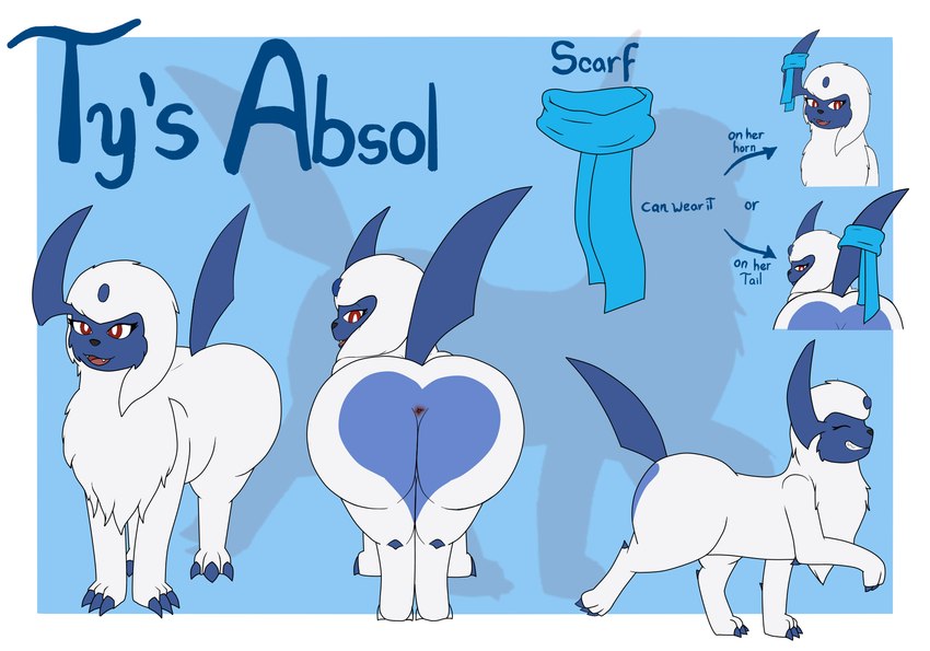 anus belly butt butt_heart female feral fur paws presenting presenting_hindquarters scarf solo teasing text thick_thighs white_body white_fur wide_hips blueflarefox1 nintendo pokemon ty's_absol_(tyminster5) absol generation_3_pokemon pokemon_(species) english_text hi_res model_sheet