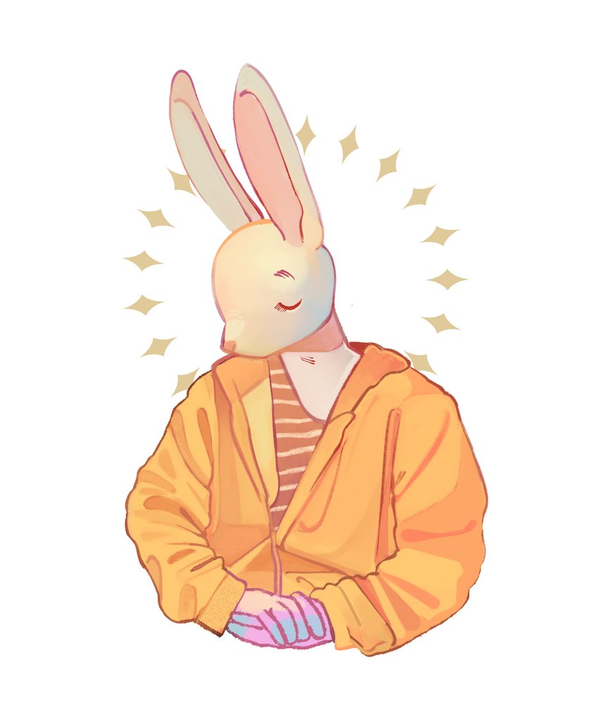 clothing ears_up eyes_closed female hand_holding jacket orange_clothing pattern_clothing pink_fingers pink_nose simple_background solo sparkles striped_clothing stripes topwear white_background junkochi lagomorph leporid mammal rabbit hi_res