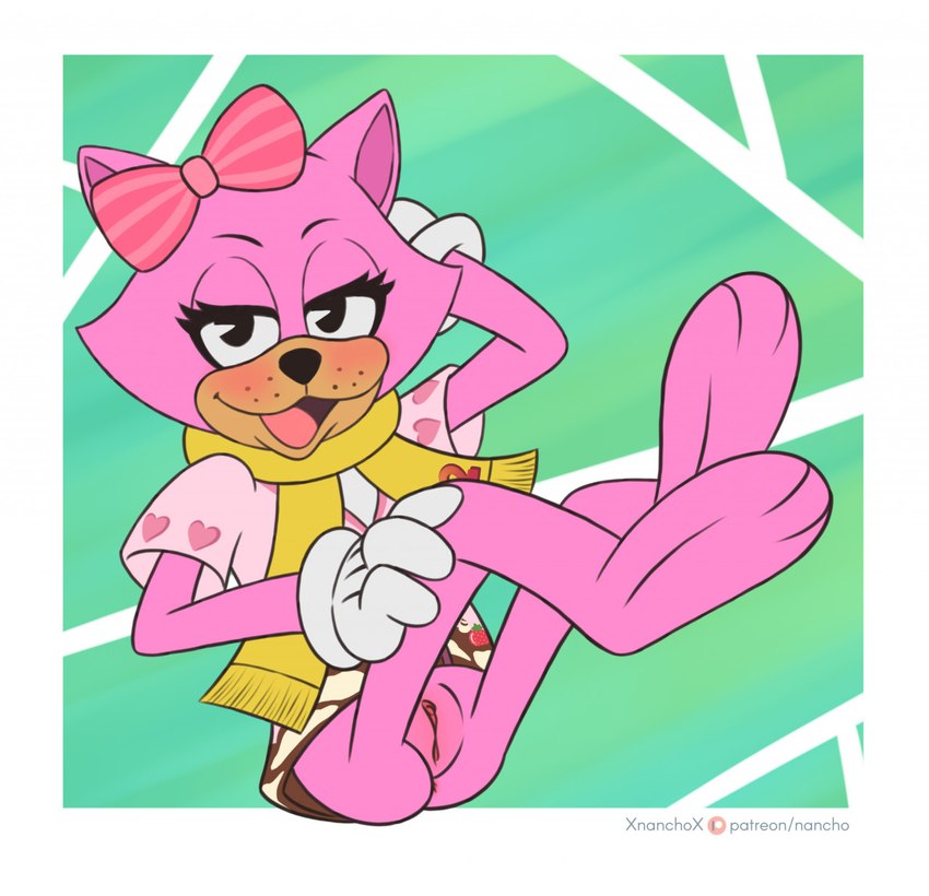 anthro clothed clothing feet female genitals no_underwear pink_body pose pussy scarf seductive solo toony xnanchox toontown_corporate_clash toontown_online pancake_(toontown) domestic_cat felid feline felis mammal hi_res