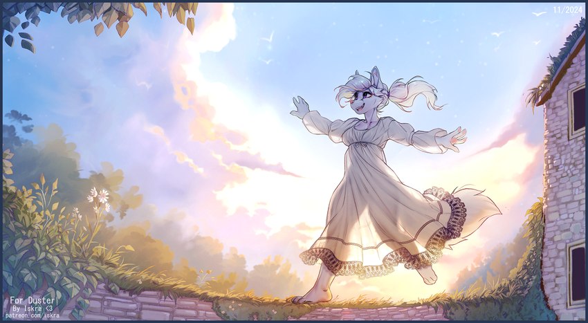 4_toes 5_fingers anthro breasts clothed clothed_anthro clothed_female clothing cloud day dress feet female fingers front_view fur hair handpaw open_mouth open_smile outside paws purple_eyes sky smile solo standing tail toes white_body white_fur white_hair white_tail iskra canid canine mammal 2025 digital_media_(artwork)