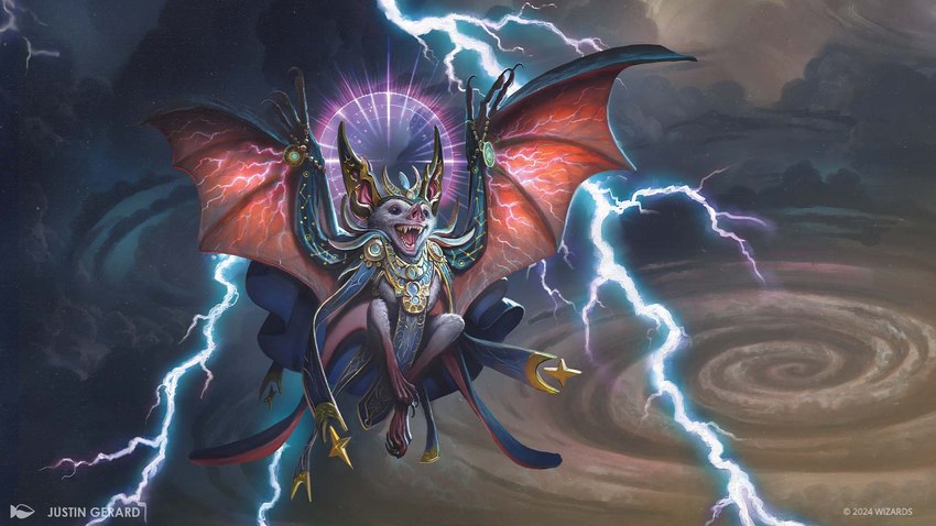 anthro cleric clothing electricity female halo lightning membrane_(anatomy) membranous_wings robe solo storm whirlpool wings justin_gerard hasbro magic:_the_gathering wizards_of_the_coast zoraline_(bloomburrow) bat mammal hi_res