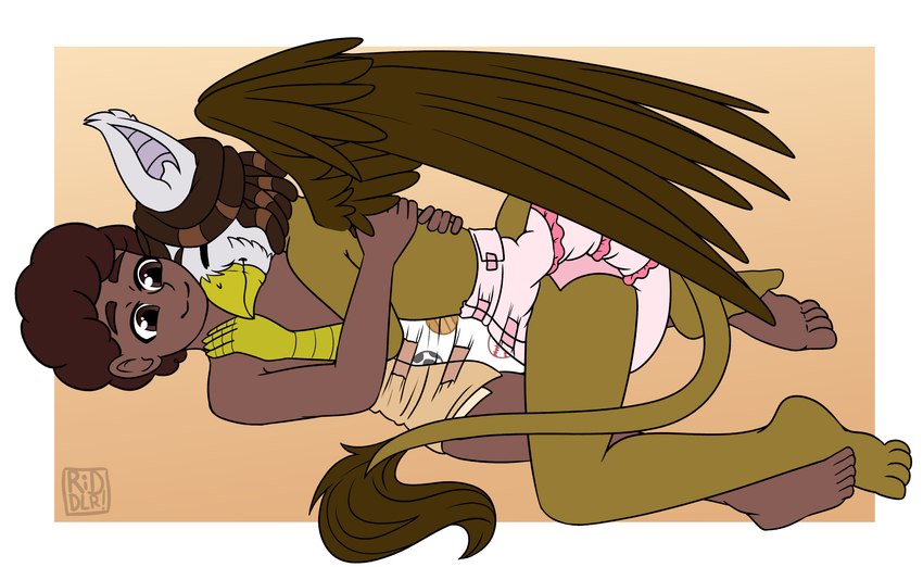 ageplay anthro beak brown_body brown_eyes brown_hair brown_skin brown_wings closed_smile clothed clothing cuddling diaper dreadlocks duo eyes_closed feathered_wings feathers glistening glistening_eyes hair human_on_anthro infantilism interspecies lying male male/male mouth_closed on_back on_front on_top pink_diaper roleplay side_view simple_background smile tan_background tan_diaper wearing_diaper white_diaper wings yellow_beak riddlr human mammal hi_res