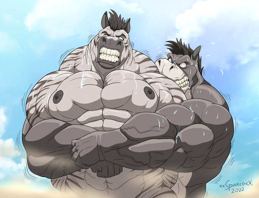 abs anthro bear_hug big_muscles bodily_fluids duo fur grey_body grey_fur hair huge_muscles hyper hyper_muscles male muscular muscular_anthro muscular_male pecs squeezing striped_body striped_fur stripes sweat teeth xxsparcoxx amenon_(xxsparcoxx) khumba_(xxsparcoxx) equid equine horse mammal zebra 2022 artist_name digital_media_(artwork)