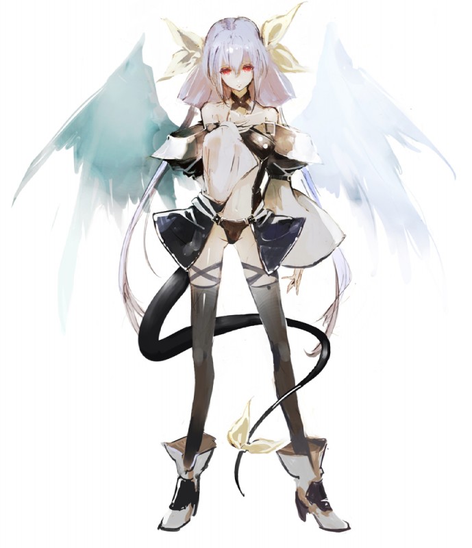 accessory boots bow_(feature) bow_accessory bow_ribbon clothed clothing feathered_wings feathers female footwear furgonomics gear high_heeled_boots high_heels legwear ribbons shoes skimpy solo standing stockings tail tail_accessory tail_bow tail_ribbon thigh_highs wings banpai_akira arc_system_works guilty_gear dizzy_(guilty_gear) gear_(guilty_gear) human hybrid mammal