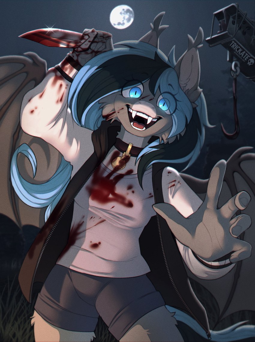 anthro black_hair blood blood_on_clothing blood_on_knife bloody_hand_print blue_eyes blue_hair bodily_fluids bottomwear cheek_tuft clothed clothing collar crazy_eyes ear_tuft eye_through_hair eyebrow_through_hair eyebrows facial_tuft fangs female fur grass grey_body grey_fur hair hand_print holding_knife holding_object hook insane jacket killing knife long_hair looking_at_viewer membrane_(anatomy) membranous_wings moon multicolored_body multicolored_fur multicolored_hair night open_clothing open_jacket open_mouth open_smile open_topwear outside pants plant pupils raised_arm reaching_towards_viewer shirt slit_pupils smile solo teeth topwear translucent translucent_hair tuft two_tone_body two_tone_fur two_tone_hair wings trickate dead_by_daylight hasbro my_little_pony bat_pony equid mammal 2024 absurd_res artist_name digital_media_(artwork) hi_res shaded