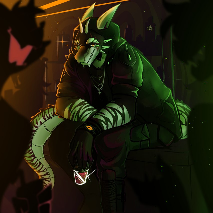 alcohol anthro beverage clothed clothing cyberpunk detailed_background facial_scar male multicolored_body nightclub orange_eyes scar sitting solo striped_body stripes anitamystic microsoft the_elder_scrolls background_character scales-like-ash argonian lizard reptile scalie 1:1 hi_res