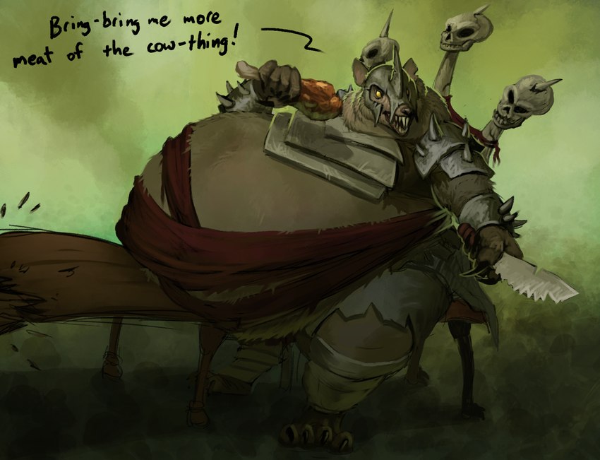 anthro armor belly big_belly biped bone breastplate broken_table brown_body brown_fur chair chicken_meat claws clothed clothing command dialogue fangs food fur furniture headgear helmet holding_food holding_knife holding_meat holding_object huge_belly knife leg_wraps male meat morbidly_obese morbidly_obese_anthro morbidly_obese_male obese obese_anthro obese_male open_mouth overweight overweight_anthro overweight_male roast_chicken_leg schynbalds sharp_teeth sitting skull solo spiked_armor spiked_gauntlets spiked_helmet spiked_pauldron spikes stuffing table teeth text threatening_with_weapon toe_claws wood wood_furniture wood_table wraps sugarboy warhammer_(franchise) mammal murid murine rat rodent skaven english_text hi_res