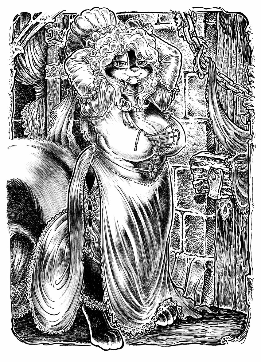anthro arms_above_head biped black_body black_fur breasts cheek_tuft cleavage clothed clothing corset detailed_background dress facial_tuft female fully_clothed fur gem hair hat headgear headwear inside jewelry lingerie long_hair looking_at_viewer necklace paws pearl_(gem) pearl_necklace slightly_chubby slightly_chubby_anthro slightly_chubby_female smile solo standing topwear tuft white_body white_fur lachland-nightingale mammal mephitid skunk absurd_res full-length_portrait hi_res pen_(artwork) portrait traditional_media_(artwork)