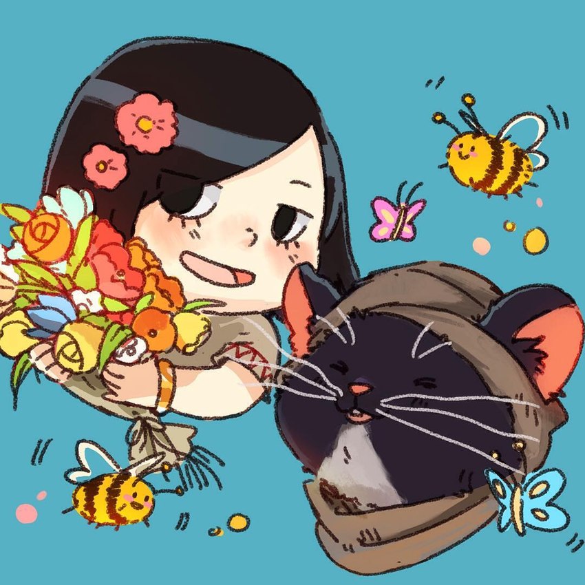 anthro biped black_body blue_background clothed clothing feral flower open_mouth pink_nose plant simple_background smile you_miichi nairi_(series) nairi_(character) rex_(nairi) arthropod bee human hymenopteran insect mammal murid murine rat rodent 1:1 2019