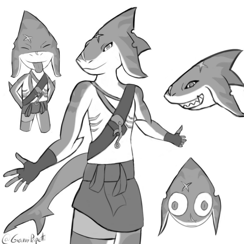 anthro clothing countershading facial_scar female fingerless_gloves flat_chested gloves handwear head_markings markings scar simple_background smile solo teeth white_background giannipapetti brawlhalla mako_(brawlhalla) fish mackerel_shark mako_shark marine shark white_shark 1:1 digital_drawing_(artwork) digital_media_(artwork) greyscale hi_res monochrome signature