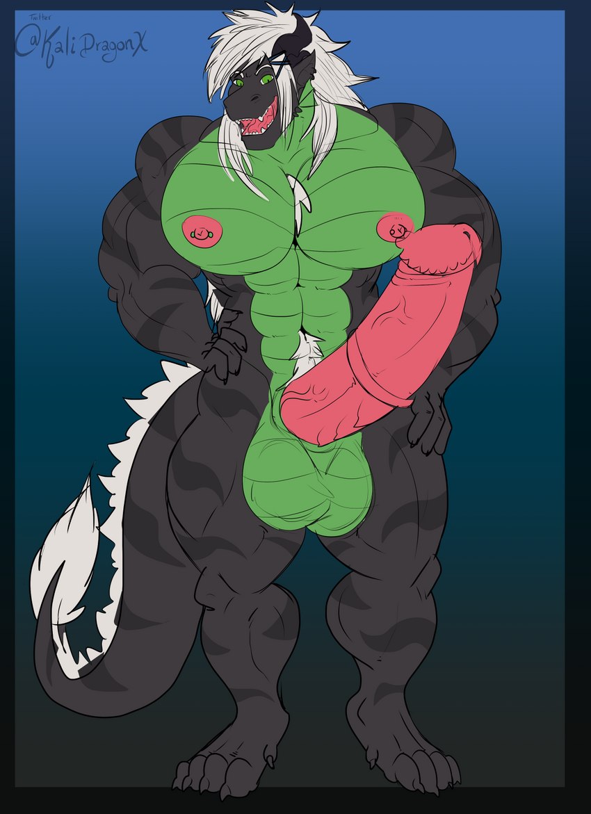 anthro balls big_balls big_pecs big_penis black_body black_scales claws genitals green_balls green_body green_eyes green_scales hair hand_on_hip horn huge_penis hyper hyper_genitalia hyper_penis long_penis male muscular muscular_anthro muscular_male nipple_piercing nipples pecs penis piercing scales smile smiling_at_viewer tail white_hair kalidragon mythology azael azael_dragonfang dragon mythological_creature mythological_scalie reptile scalie wingless_dragon hi_res