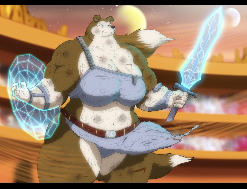 anthro arena big_breasts blood blue_eyes bodily_fluids bottomwear breasts brown_body brown_fur clothing energy_shield energy_sword energy_weapon female fur huge_breasts melee_weapon moon multicolored_body multicolored_fur muscular muscular_anthro muscular_female navel planet shield solo space sword topwear two_tone_body two_tone_fur weapon wounded xxsparcoxx road_rovers colleen_(road_rovers) canid canine canis collie domestic_dog herding_dog mammal pastoral_dog rough_collie sheepdog 2016 digital_media_(artwork)