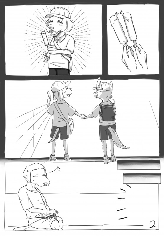 anthro blush dessert duo food hand_holding happy ice_cream male memory young drdalefox beastars jack_(beastars) legoshi_(beastars) bird_dog canid canine canis domestic_dog hunting_dog labrador mammal retriever wolf absurd_res hi_res monochrome